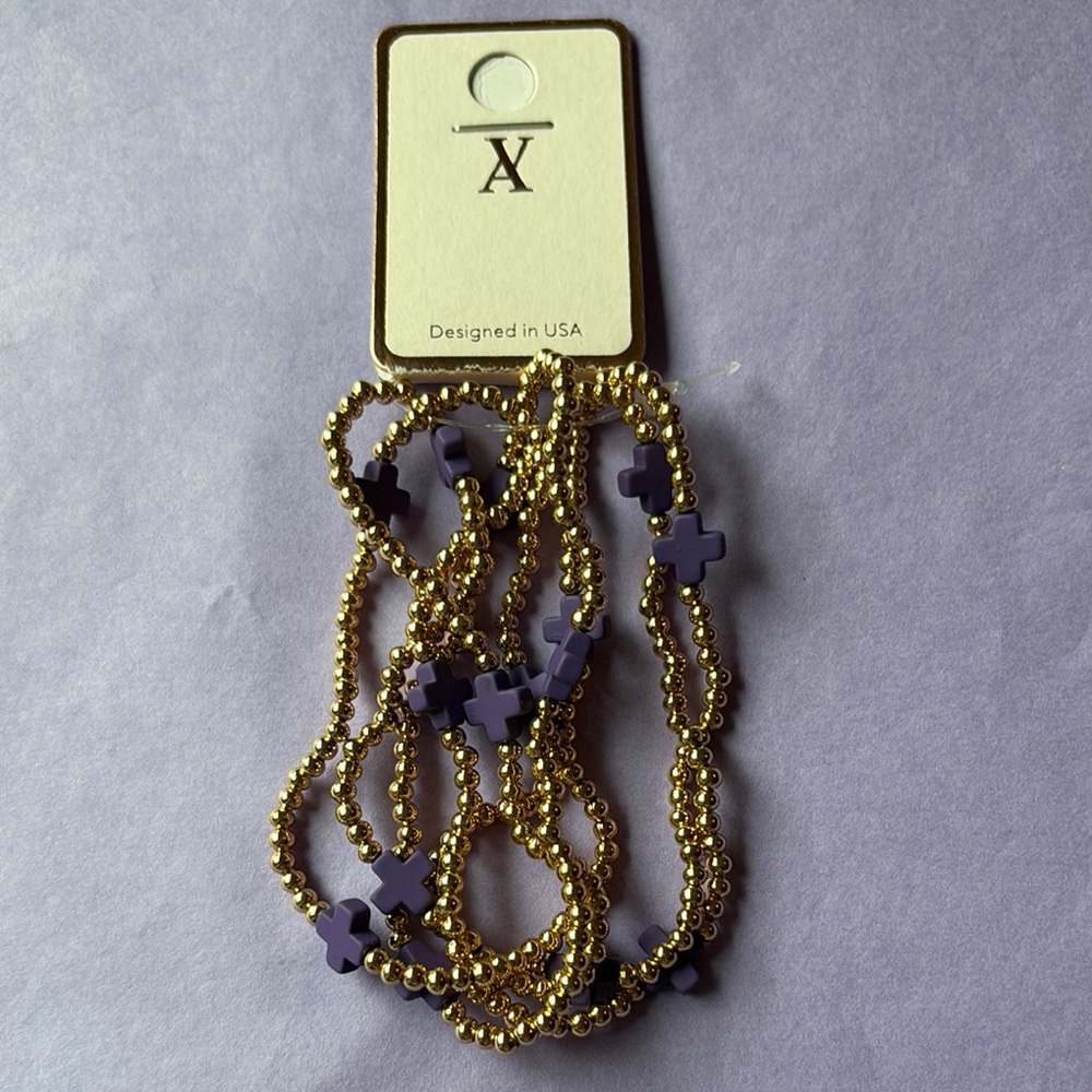 💜 Gold and Purple Beaded 5 STRAND BRACELET SET WITH CROSS CHARMS 💜